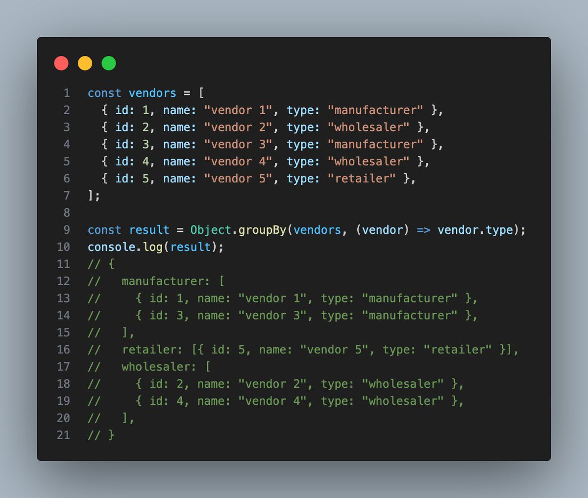 Javascript object groupBy method

It groups the elements of an iterable based on the value returned from the callback function, resulting in an object with separate properties for each group. This comes in really handy when dealing with large datasets!

Check the example ⬇️

❗️It