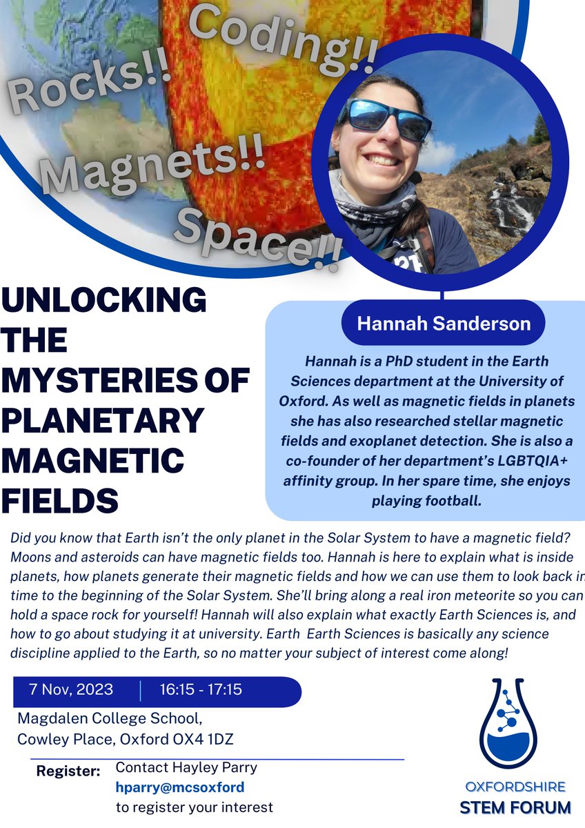 What is Earth Sciences? How can you study it at university? How do planets make magnetic fields? If you're a secondary school student interested in any of these questions come to Oxfordshire STEM forum tomorrow hosted @MCSOxford. There will be a meteorite ☄️and cake 🍰!
