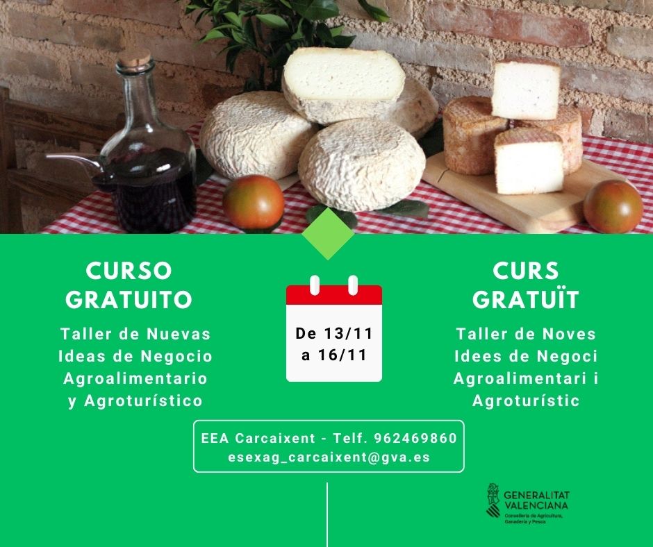 GVAagricultura's tweet photo. 📗👩‍🌾👨‍🌾Taller de nuevas ideas de negocio agroalimentario y agroturístico/Taller de noves idees de negoci agroalimentari i agroturístic
📅13-16/11
📍EEA Carcaixent
➕INFO 962469860 - esexag_carcaixent@gva.es - https://t.co/75rXoEbptt
✍️💻https://t.co/7mD3tjIyib https://t.co/xTkiqe8bLy