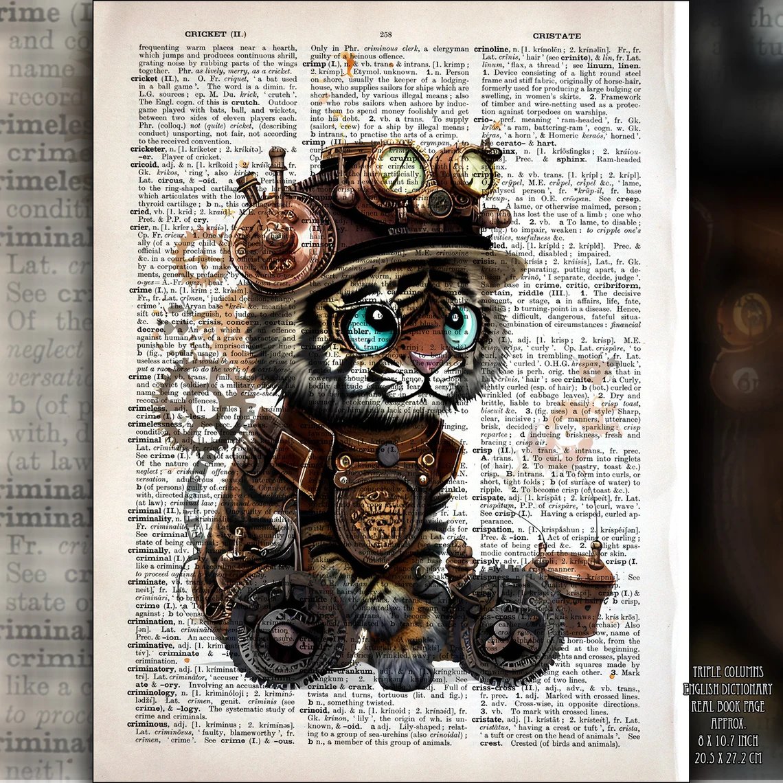 art4gift's tweet photo. 'Tiger with Cogs' - where feline meets machinery in a Steampunk extravaganza! 🐯⚙️ 
#SteampunkArt #DictionaryPrint #WhimsicalTiger #ArtisticWonders #BlackFriday #FestiveEtsyFinds #giftideas #AnimalLovers 
https://t.co/yvNI6oPcfc https://t.co/3PtuMA4KXg