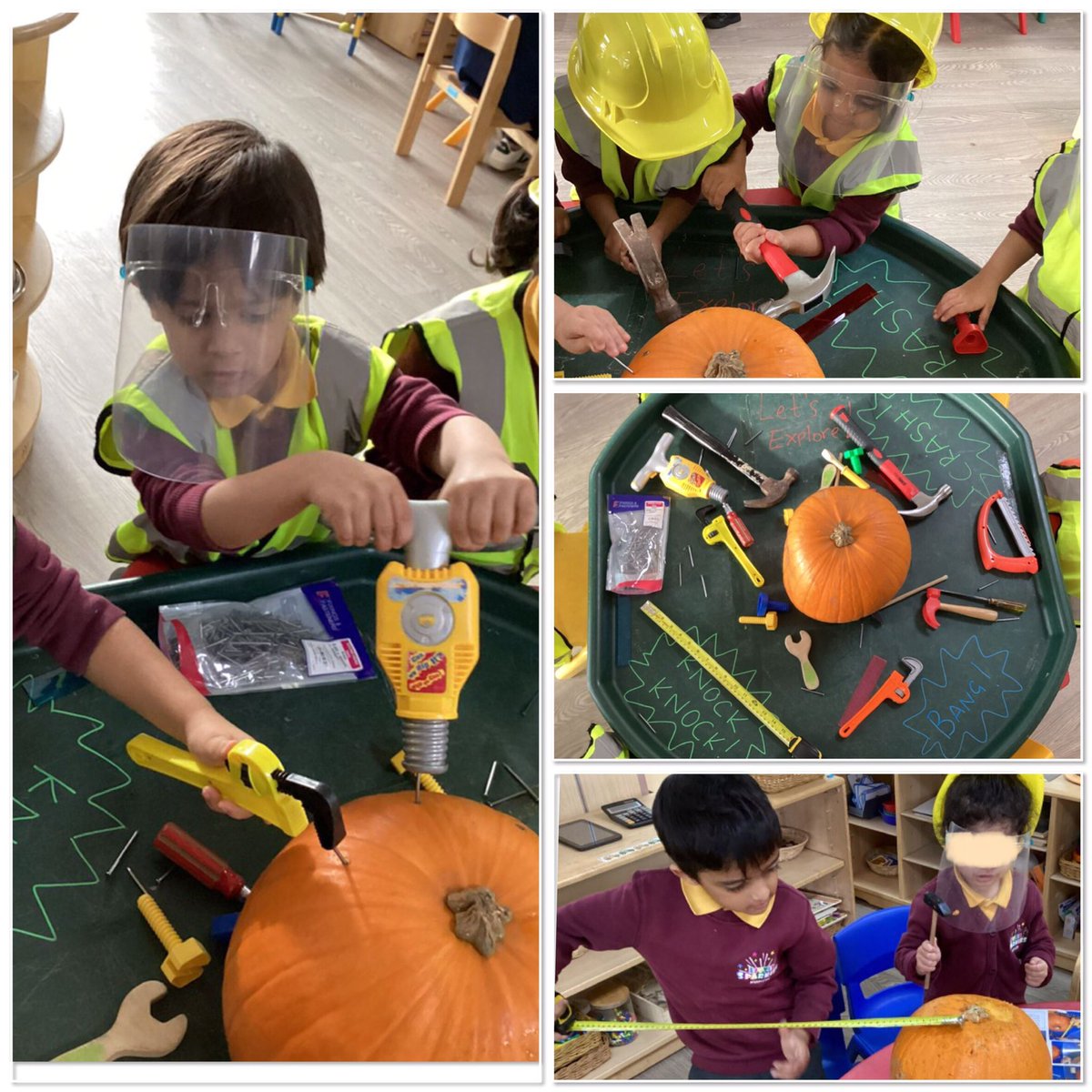 Exploring the world of pumpkins with little ones in #EYFS! 🧡🔪 Exciting times as they learn to cut and carve using various tools, all while staying safe in their #PPE gear! 🌟 #EarlyYears #LearningThroughPlay #CreativeKids 🎨