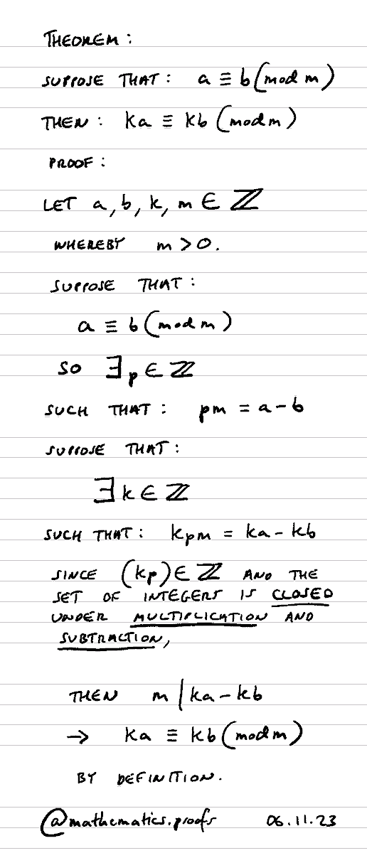 tiago_hands's tweet image. If a≡b(modm), then ka=(kb)(modm)... #furtherpuremaths #modulararithmetic #clockarithmetic #mathematicsproofs