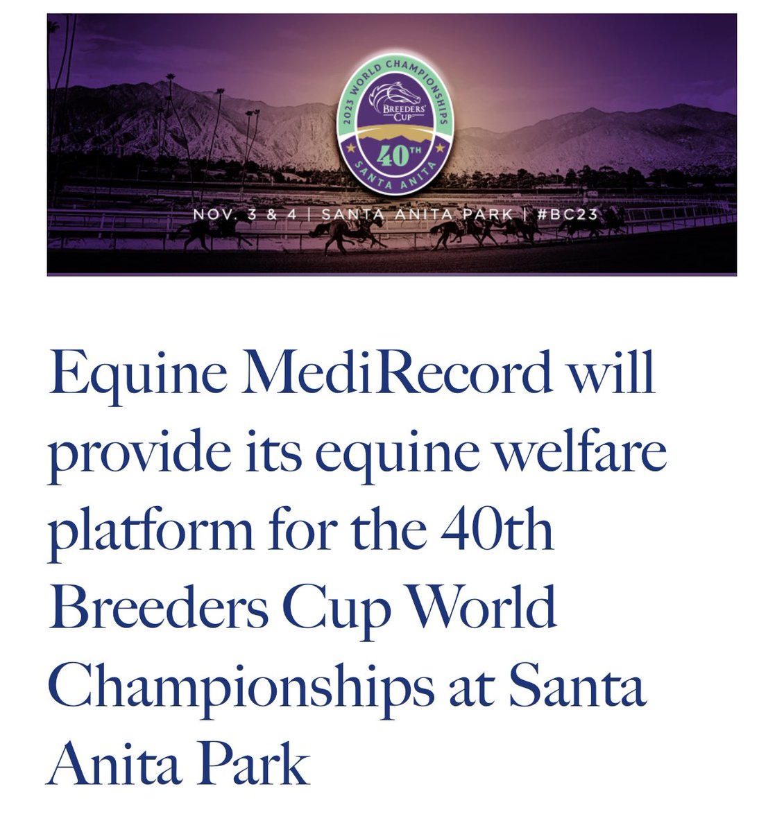 A nice piece in <a href="/PastTheWire/">PastTheWire.com</a> about our partnership with <a href="/BreedersCup/">Breeders' Cup</a> and how we provided the latest in equine welfare &amp; anti-doping technology at this year’s World Championships! <a href="/EquineMediRec/">Equine MediRecord (EMR)</a> 

Read the piece with link here: pastthewire.com/equine-medirec…

#EquineWelfare #BreedersCup