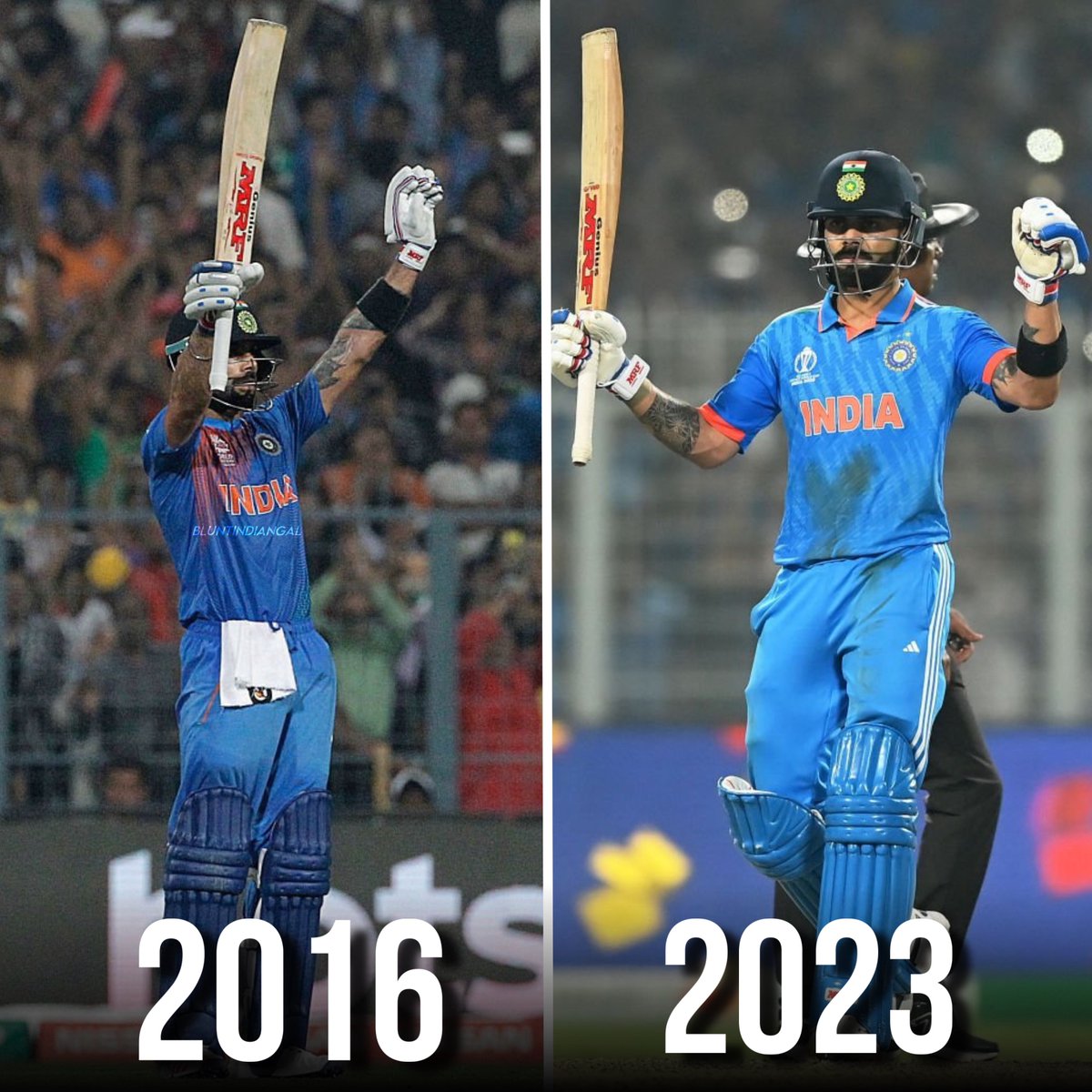 2016 World Cup - Virat Kohli bowing down to Sachin Tendulkar at Eden Gardens. 2023 World Cup - Virat Kohli breaking Sachin Tendulkar's record at Eden Gardens.