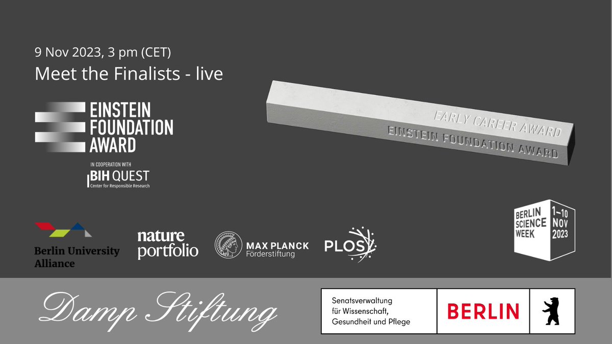 Einstein Foundation (@einstein_berlin) on Twitter photo Ready to celebrate the next generation of scientists? Check out the €100k Early Career category of the #EinsteinFoundationAward2023 w/ @questbih! Get to know the brilliant finalists online on Nov 9 and find out who wins on Nov 14! <a href="/maxplanckpress/">Max Planck Society</a> (1/2) Ready to celebrate the next generation of scientists? Check out the €100k Early Career category of the #EinsteinFoundationAward2023 w/ @questbih! Get to know the brilliant finalists online on Nov 9 and find out who wins on Nov 14! <a href="/maxplanckpress/">Max Planck Society</a> (1/2)