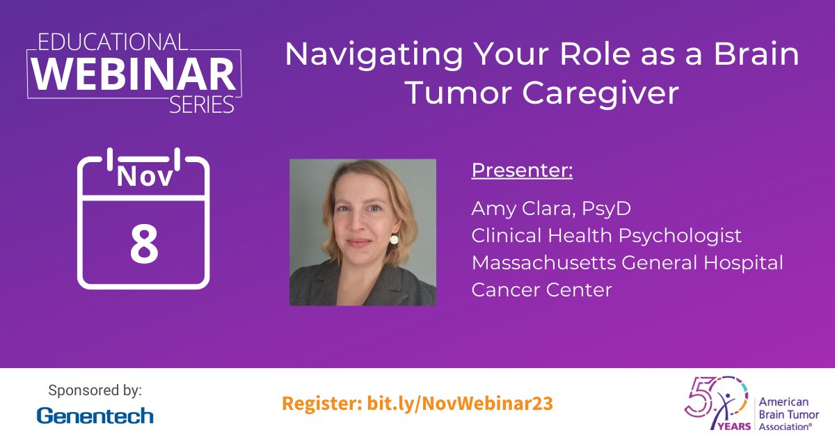 Join us for a free webinar to learn about navigating your role as a brain tumor caregiver!  Learn tips, discover resources and participate in a live Q&amp;A with Dr. Amy Clara of <a href="/MGHCancerCenter/">Mass General Cancer Center</a>.

To register or learn more, click here: bit.ly/NovWebinar2023

#BTSM