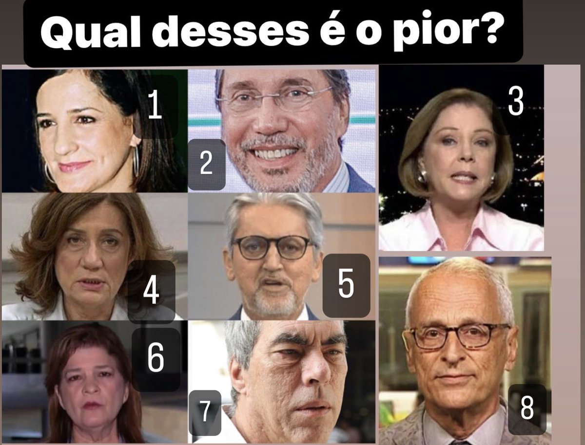karilanepaula's tweet photo. Qual desses jornalistas globais é o mais canalha na sua opinião?
1) Mônica Waldvogel
2) Merval Pereira
3) Eliane Cantanhêde
4) Miriam Leitão 
5) Valdo Cruz
6) Delis Ortiz
7) Demétrio Magnoli
8) Jorge Pontual https://t.co/PyNE2bD4sm