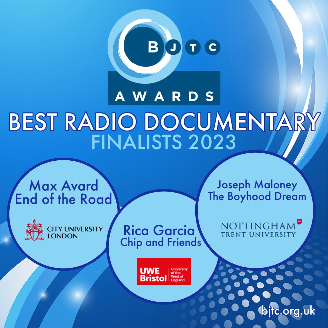 Congratulations to the BJTC Journalism Award finalists for BEST RADIO DOCUMENTARY - Joseph Maloney, Nottingham Trent University and Max Avard, City University of London and Rica Garcia, UWE bjtc.org.uk/awards
<a href="/maxavardmedia/">Max Avard</a> <a href="/cityjournalism/">City Journalism</a>
@CBJNews
<a href="/ricaggg/">Rica G</a> 
#bjtcawards