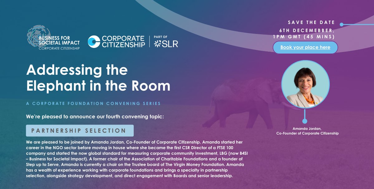 Join us on the 6th of December at 1PM GMT for the next session of our #CorporateFoundation convening series. We are pleased to be joined by Amanda Jordan OBE, Co-Founder of Corporate Citizenship. 

RVSP here 👇
us06web.zoom.us/meeting/regist…