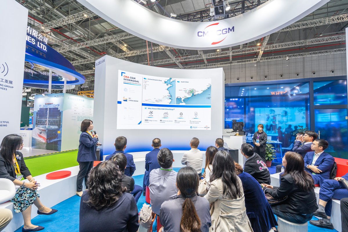 cmacgm's tweet photo. Nĭ Hăo Shanghai! 🇨🇳
We are excited to be at the @ciieonline to present our full range of #digitalization and #decarbonization offers.
We’re also thrilled to showcase our brand-newbooth design! Come and meet us booth 8.2B3-04! #CMACGM #Expo https://t.co/NAKzEiwCef