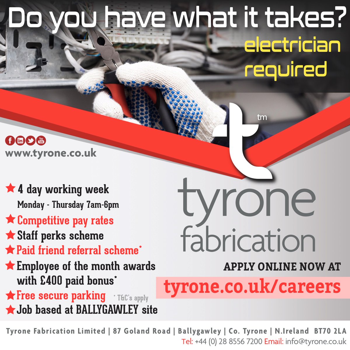 Due to increased orders, Tyrone Fabrication is extending its Electrical team on the Ballygawley site. 

Now hiring: ELECTRICIAN - it's easy to apply online now at tyrone.co.uk/careers