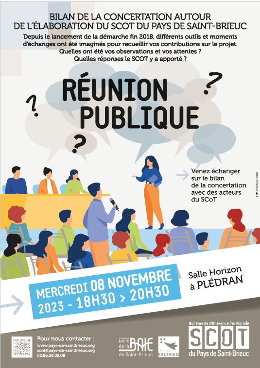 Mercredi 8 novembre 18h30, c'est le bilan de la concertation du SCOT <a href="/PAYS_SB/">Syndicat mixte de la Baie de Saint-Brieuc</a>  à Plédran ! Nous vous y attendons.  #urbanisme #developpementdurable #transitionecologique <a href="/regionbretagne/">Région Bretagne</a> <a href="/StBrieucAgglo/">StBrieuc Armor Agglo</a> <a href="/LTMagglo/">Lamballe Terre & Mer Agglomération</a>