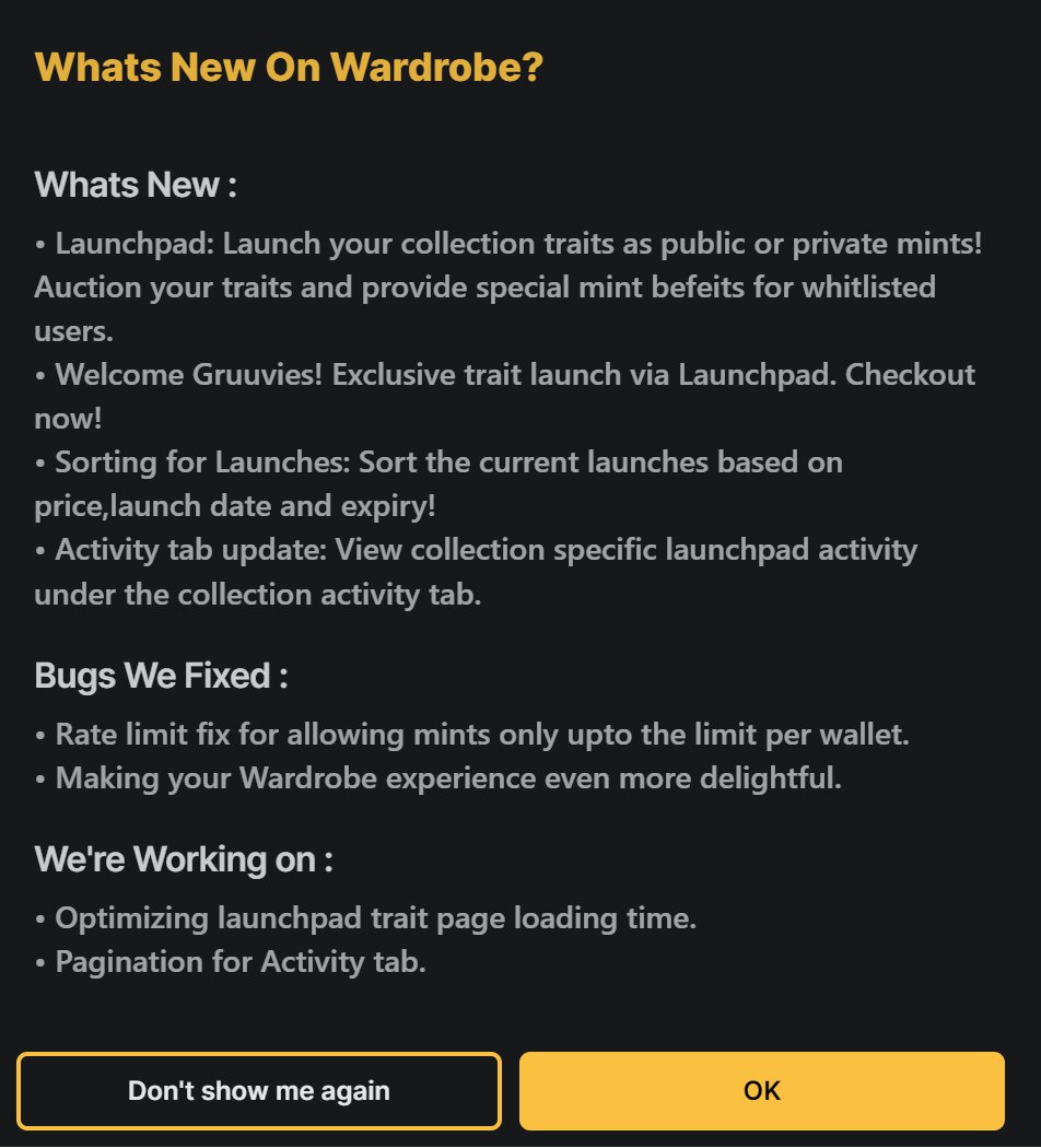 Want to stay up to date with <a href="/thewardr0be/">Wardrobe</a>?

Wardrobe will now keep you up to date with everything new, bug fixes and what we are currently working on.

Explore the power of traits today✨