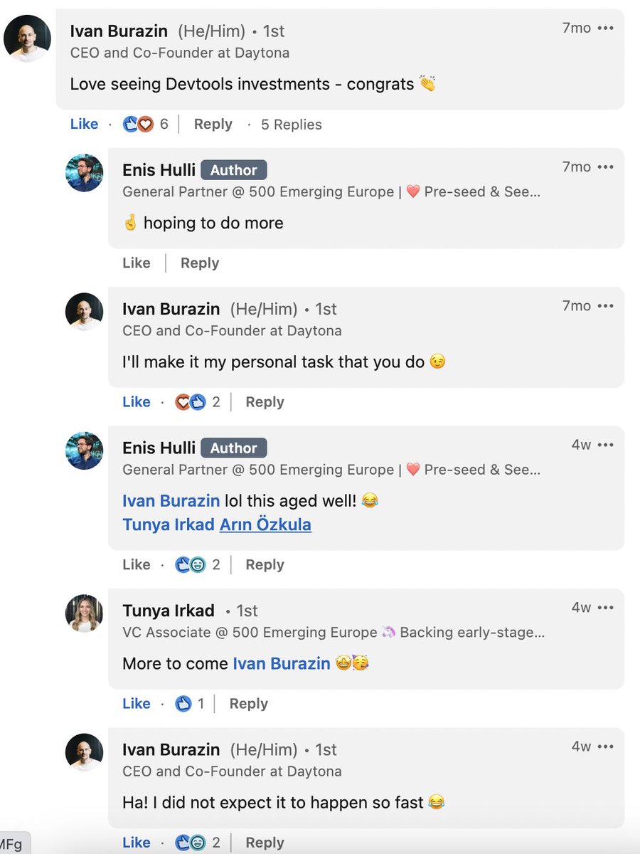 Enis Hulli🎙 (@enishulli) on Twitter photo 🤔Here is a funny story🤨 <a href="/500ee/">500 Emerging Europe</a>
🫢Ivan commented on my post 7 months ago 👇
🫣and HERE WE ARE!
😊lol, that aged well🤫
🛳️Great to jump aboard <a href="/ivanburazin/">Ivan Burazin</a>, Goran, Vedran
🚢First investment in Croatia!🇭🇷
@Daytonaio ❤️ 500 Emerging Europe
🤓techcrunch.com/2023/11/06/day… 🤔Here is a funny story🤨 <a href="/500ee/">500 Emerging Europe</a>
🫢Ivan commented on my post 7 months ago 👇
🫣and HERE WE ARE!
😊lol, that aged well🤫
🛳️Great to jump aboard <a href="/ivanburazin/">Ivan Burazin</a>, Goran, Vedran
🚢First investment in Croatia!🇭🇷
@Daytonaio ❤️ 500 Emerging Europe
🤓techcrunch.com/2023/11/06/day…