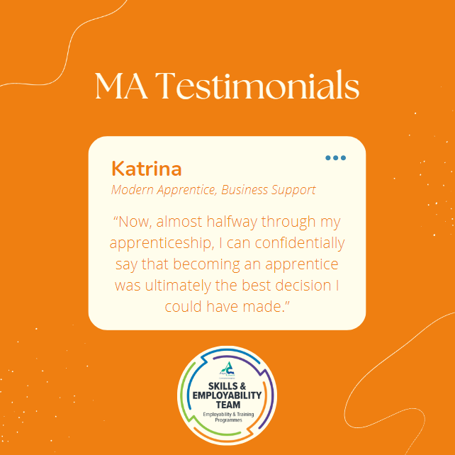🎉 GOOD NEWS STORY! 🎉

👇 Hear what Katrina has to say about her time as a Modern Apprentice: 👇

"After months of uncertainty debating an educational vs work route, I found an opportunity to apply..."

Read more here on our Facebook page -
facebook.com/Angusemployabi…