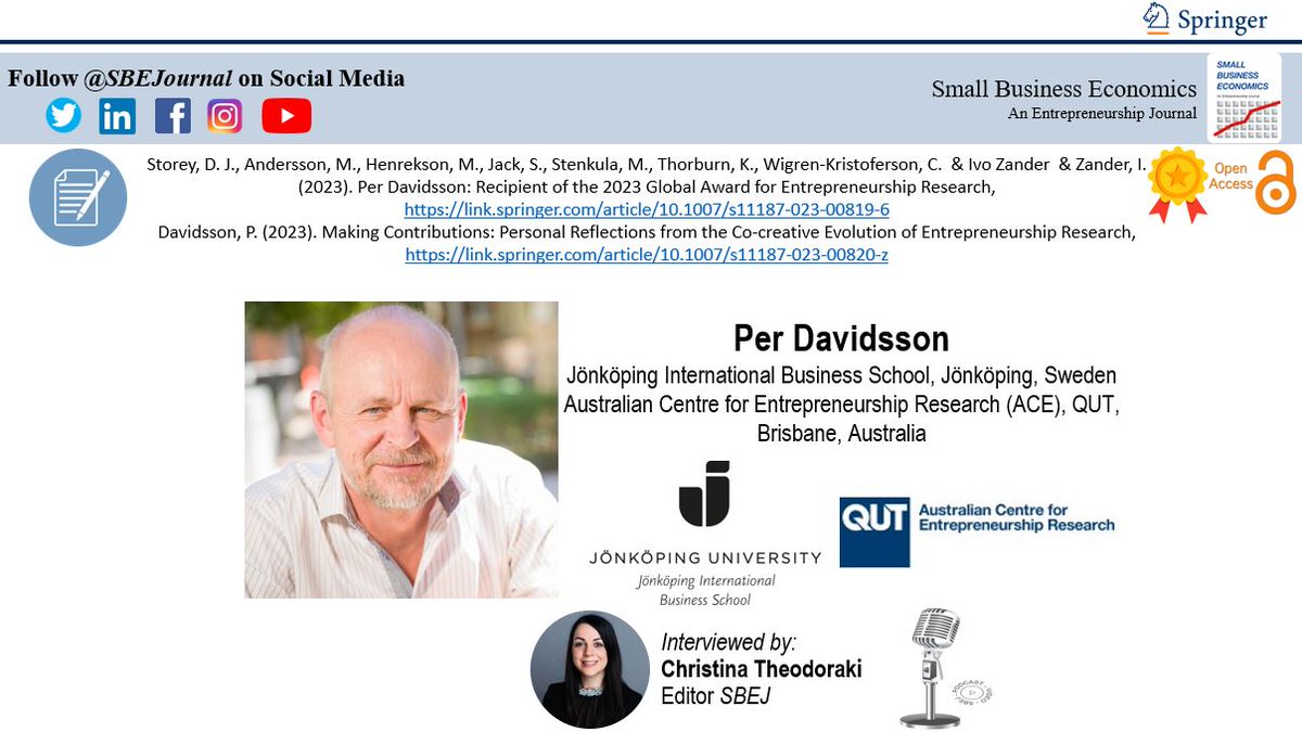 📢 Per Davidsson's reflections and views on #Entrepreneurship #Research🚀

📽️ Watch the video [58:55 min] lnkd.in/ep8H_sbk

➡️Per Davidsson: Recipient of the 2023 Global Award for Entrepreneurship Research🏆
👉Read 📄lnkd.in/egWVB_tH
👉Read 📄lnkd.in/eDk7jfn6