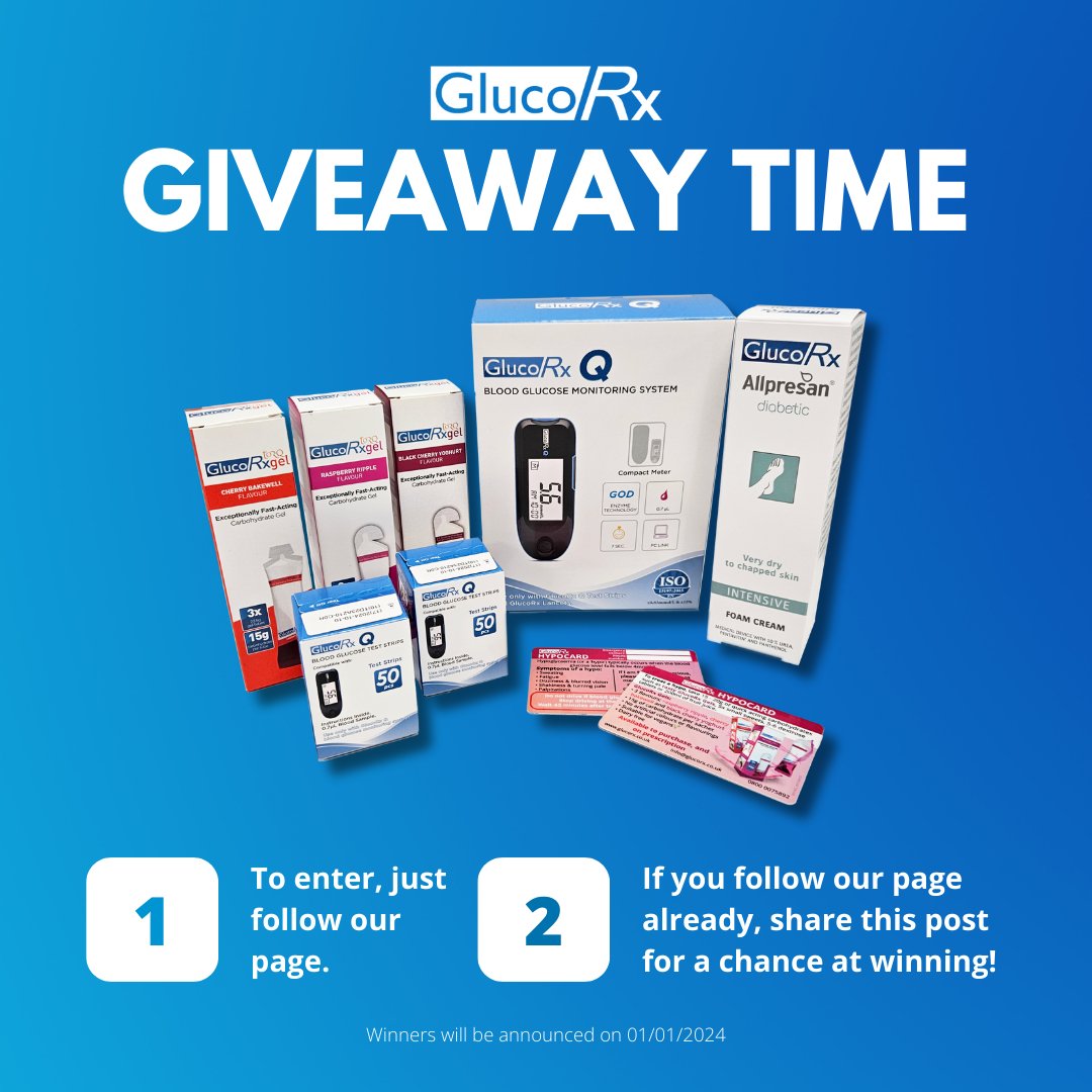 GlucoRx's tweet photo. It's giveaway time!

For a chance to win one of our GlucoRx bundles, give our page a follow. 

Each bundle includes: 
1 x Q Meter
100 x Q Test Strips 
12 x Hypo Gels 
1 x GlucoRx Allpresan Foot Foam
2 x HypoCards

If you follow our page already, just share this post to enter! https://t.co/29PlyQm65Q
