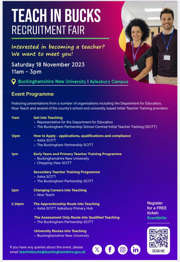 Are you thinking about training to be a teacher? We will be at the Teach in Bucks event at Buckingham New University on Sat 18th November 11am-3pm. Please come and see us there <a href="/getintoteaching/">Teaching</a>