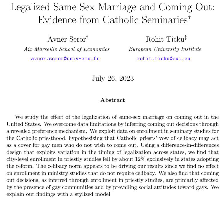 @RohitTicku on 'Legalized Same-Sex Marriage and Coming Out: Evidence from Catholic Seminaries'