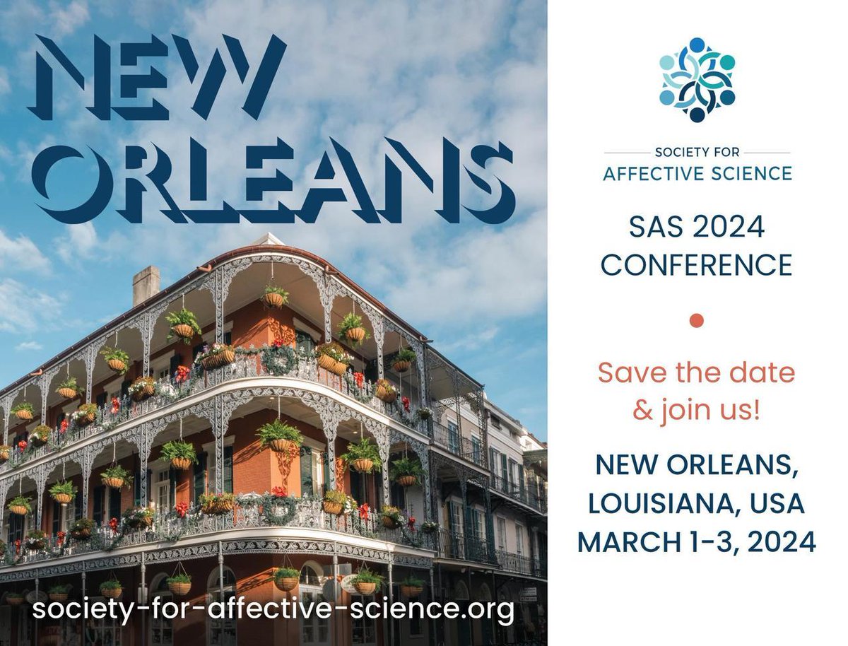 Society for Affective Science (@affectscience) on Twitter photo Don’t forget to submit your exciting affective science work (new idea/new results poster, flash talk, and symposium) to #AffectScience2024 by November 15! We are not able to extend the deadline this year. We cannot wait to see all of you in New Orleans!!
society-for-affective-science.org/2024-sas-annua… Don’t forget to submit your exciting affective science work (new idea/new results poster, flash talk, and symposium) to #AffectScience2024 by November 15! We are not able to extend the deadline this year. We cannot wait to see all of you in New Orleans!!
society-for-affective-science.org/2024-sas-annua…