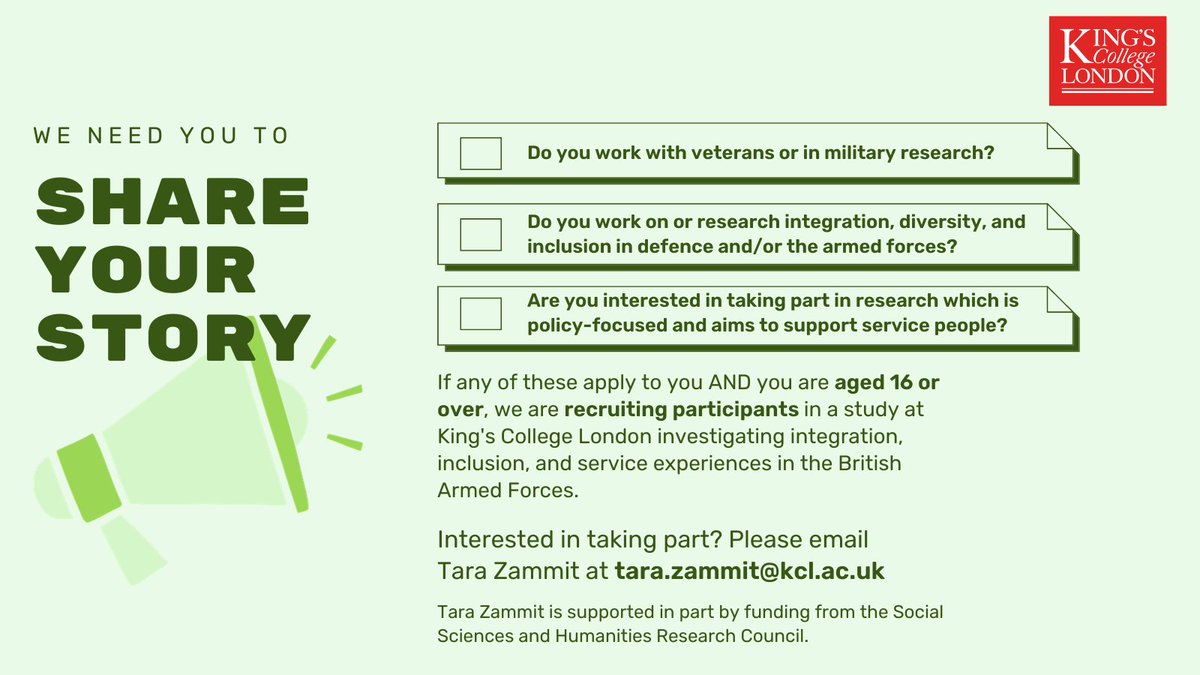 📢CALL FOR INTERVIEWEES For my PhD, I am hoping to speak with 🔵serving personnel & veterans (women & LGBTQ+ individuals), 🔵charity/NGO/policy officials & 🔵researchers/academics working on these subjects. Contact me at tara.zammit@kcl.ac.uk for more info & please share widely!