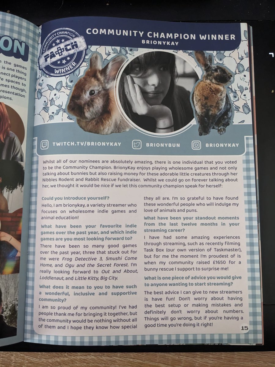 I won <a href="/thepatchmag/">Patch Magazine | Indie Gaming</a>'s Community Champion award!! :D

AND THEY PUT THE BUNNIES IN!! 🐰🐰

Thank you so much to everyone who voted for me!! And of course to Bunsquad for being the amazing community they are 💕