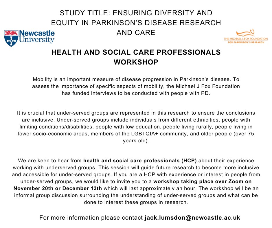 ⚠️ ATTENTION ALL HEALTH AND SOCIAL CARE PROFESSIONALS INTERESTED IN #PARKINSONS! We are looking for people interested in contributing to a focus group about working with under-served groups with #Parkinsons or general #ageing. We want to improve inclusivity in our work. ⬇️⬇️
