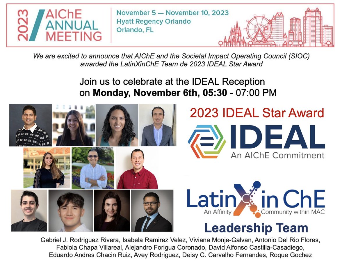 LatinX in ChE (@latinxinche) on Twitter photo Finally, we have the exciting news that the LT <a href="/LatinXinChE/">LatinX in ChE</a> has been awarded the 2023 IDEAL Star Award from <a href="/ChEnected/">American Institute of Chemical Engineers (AIChE)</a>. We to invite everyone to the reception of the award @5:30pm, and join us in thanking all the #LatinX members, allies and sponsors that make this possible. Finally, we have the exciting news that the LT <a href="/LatinXinChE/">LatinX in ChE</a> has been awarded the 2023 IDEAL Star Award from <a href="/ChEnected/">American Institute of Chemical Engineers (AIChE)</a>. We to invite everyone to the reception of the award @5:30pm, and join us in thanking all the #LatinX members, allies and sponsors that make this possible.