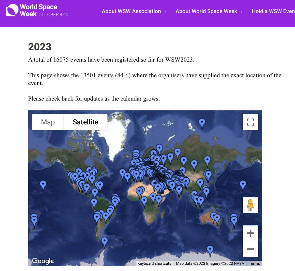 Record Alert! Over 16,000 #WSW2023 events reported globally🌍 Kudos to the space community for such a stellar milestone.
🌐83 countries joined the celebration!
🔍Event counts are yet to be audited for duplicates.
Thanks to all for making #WorldSpaceWeek a cosmos of inspiration!