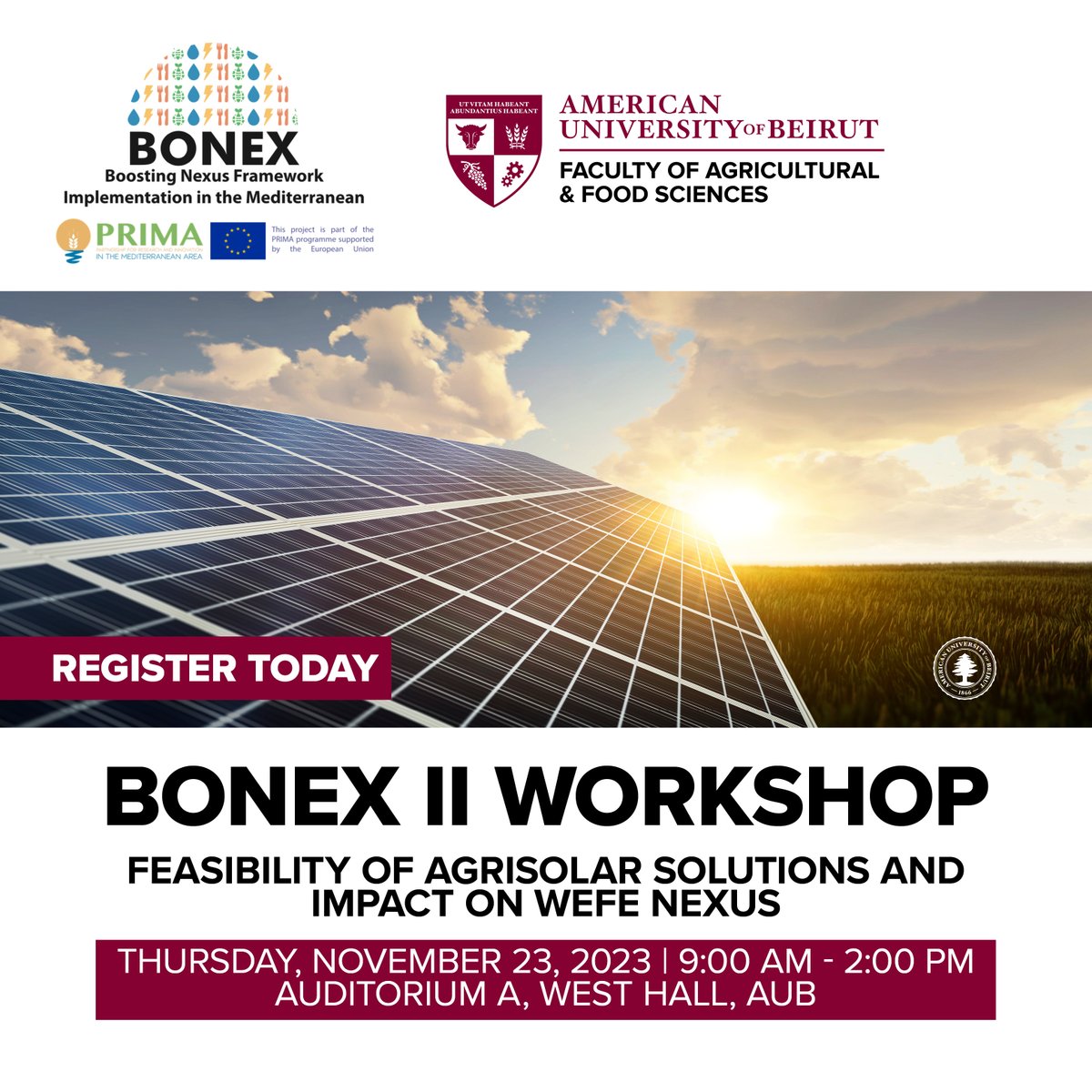 bonex_eu's tweet photo. ☀️🌱 Join us for the 2nd Lebanon #BONEXWorkshop on #Agrisolar Solutions organized by @AUB_Lebanon!
👉 Dive deep into feasibility, challenges, and opportunities, engage with local stakeholders, and find real-world solutions.
More info & registration➡️https://t.co/dmOi8oEYH0 https://t.co/t83MM9quJQ