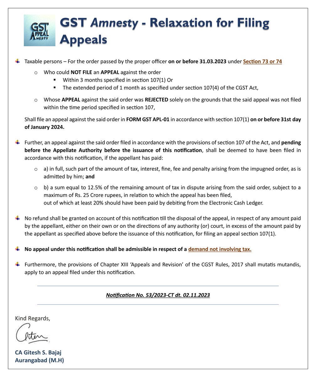 🔔Dive into the latest on the GST Amnesty scheme and Appeal Filing nuances! 🚀 Swipe to explore our breakdown. Thoughts? #GSTAmnesty #AppealFiling #TaxInsights #GST #GSTUpdates #taxupdates 

For more details or inquiries, please DM me!