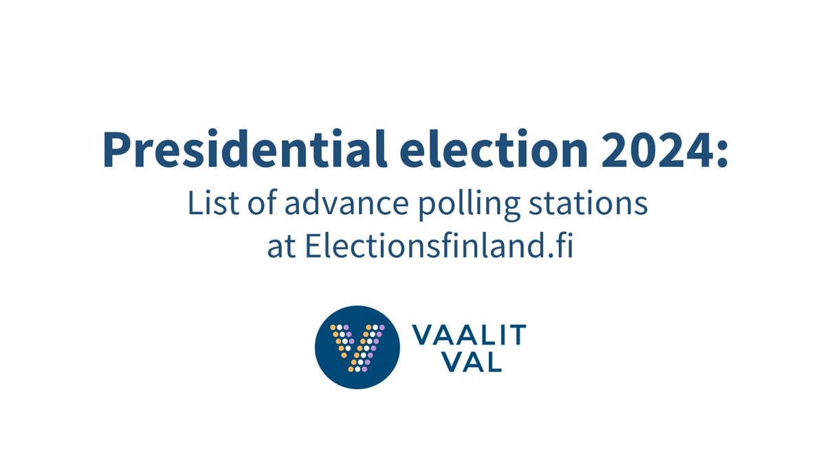 The addresses and opening hours of the general advance polling stations for the presidential election to be held in January 2024 are now available on the elections website of the Ministry of Justice, Electionsfinland.fi.

oikeusministerio.fi/en/-/president…