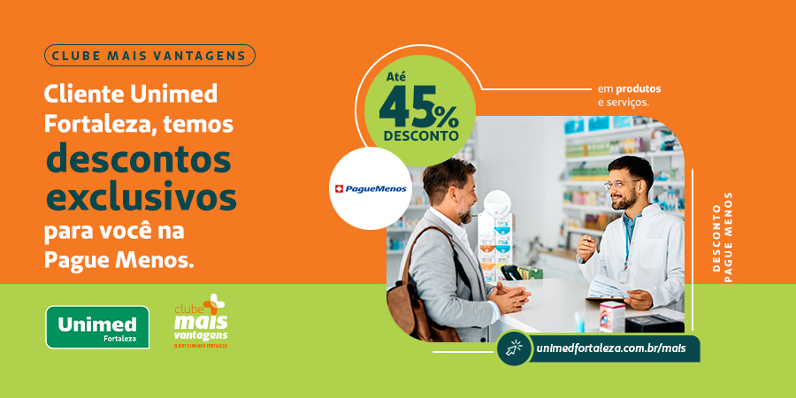 Cliente Unimed tem descontos na Pague Menos e em vários outros parceiros do Clube Mais Vantagens. 💚

 Economize e se divirta com esse benefício exclusivo. 😍 

Acesse unimedfortaleza.com.br/mais e saiba mais. 😉