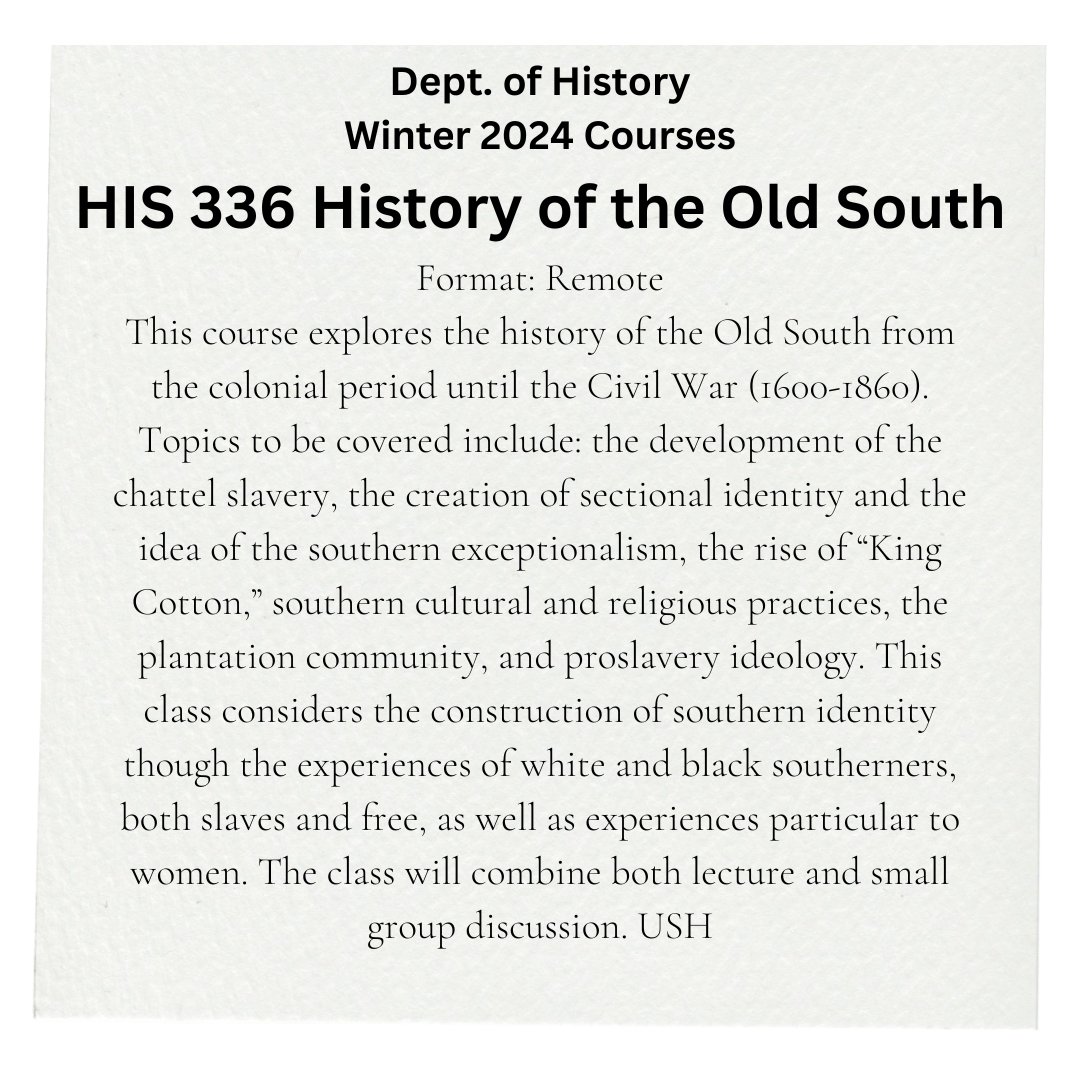 UB History (@ub_history) on Twitter photo Still looking for a ❄️Winter 2024❄️ course?
Check out HIS 336 History of the Old South! #UBuffalo Still looking for a ❄️Winter 2024❄️ course?
Check out HIS 336 History of the Old South! #UBuffalo