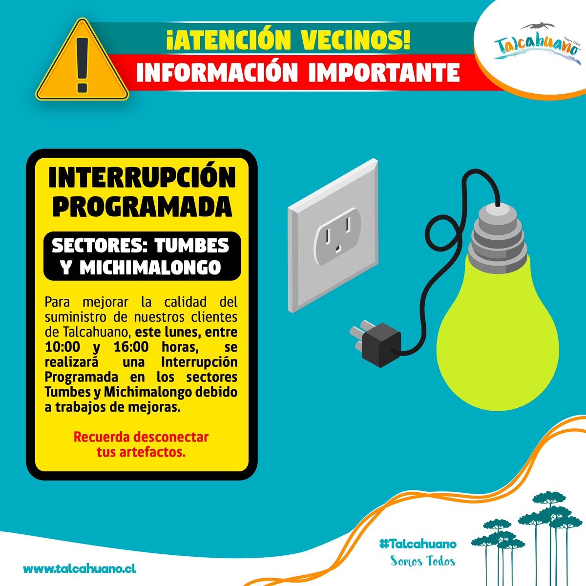 munitalcahuano's tweet image. [ATENCIÓN] ⚠️ CORTE PROGRAMADO
PARA TUMBES Y MICHIMALONGO 💡 

👉🏼 Hoy lunes 6 de noviembre, entre 10:00 y 16:00 horas, se realizará una #InterrupciónProgramada, debido a trabajos de mejoras.

🔌 Recuerda desconectar tus artefactos. #ThnoSomosTodos