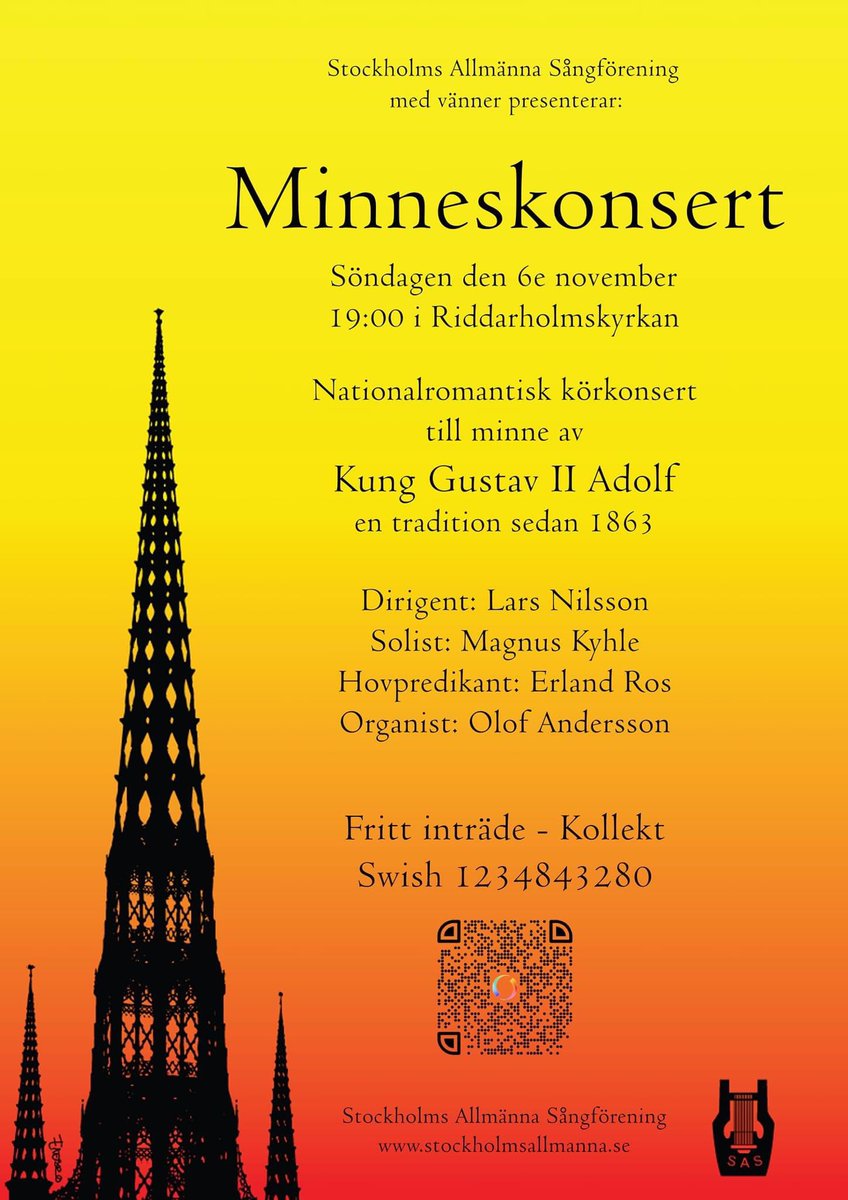 Evenemangstips till konservativa Sverigevänner som befinner sig i Stockholm ikväll - Nationalromantisk körkonsert i Riddarholmskyrkan med anledning av Gustav Adolfsdagen. En levande tradition sedan 1863.