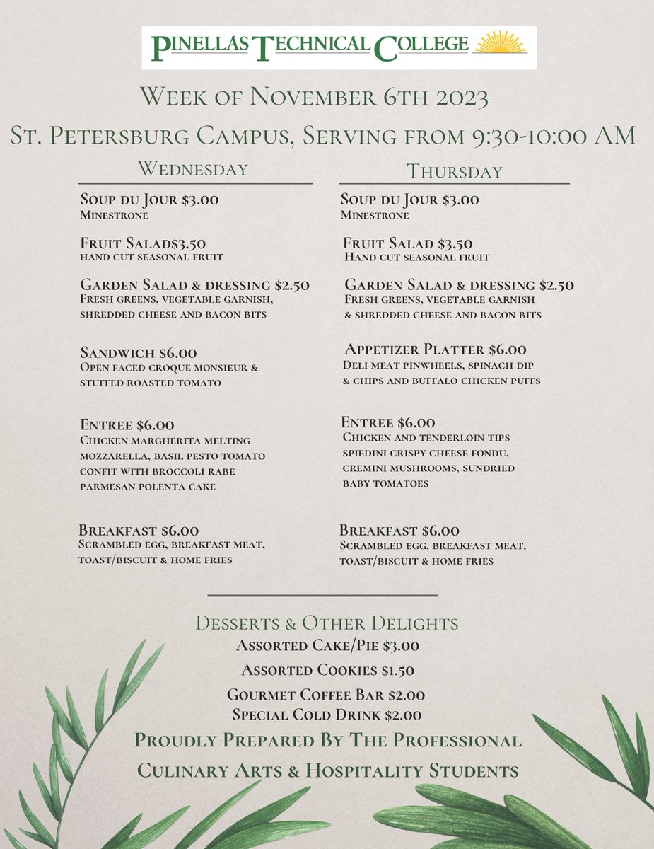 PinellasTech's tweet photo. It's beginning to look a lot like ... MONDAY. Have you planned your lunches for the week?
CLW | Tue & Wed | 9:30-10:15am
STP | Wed & Thu | 9:30-10:00am
We eat GOOD in our neighborhood ... Bon Appetit!
#PTCProud #PTCculinary #PTCbaking #OpportunityStartsHere #WeGrowFoodies https://t.co/tqNJV1TFOW