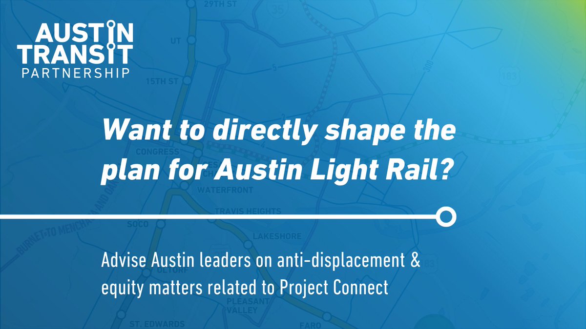 Do you love all things transportation? Passionate about #ProjectConnect? Join the Community Advisory Committee to help transform Austin’s transit system and make it work for everyone.


Apply by 11/7: projectconnect.com/get-involved/c…