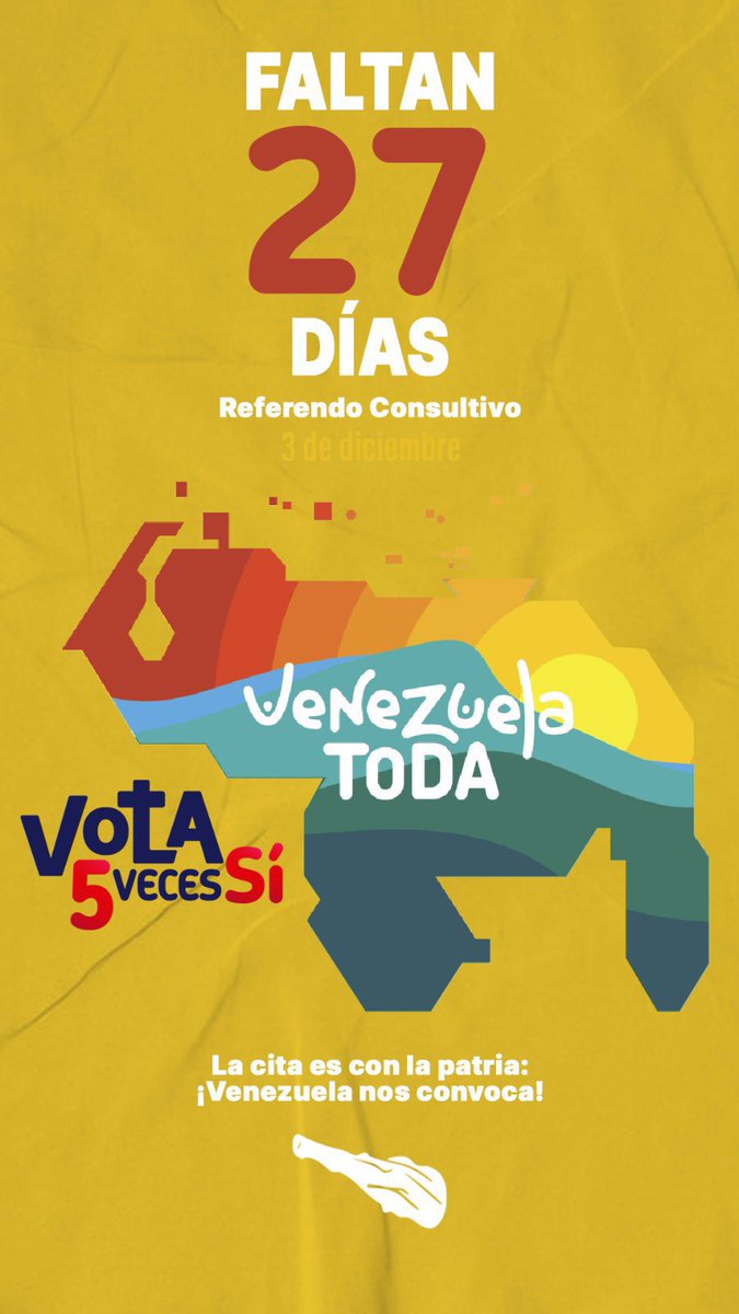 Faltan tan solo 27 días para el 3 de diciembre, la fecha en la que daremos un paso más hacia la defensa de nuestra soberanía. Es el momento de levantar la voz y unirnos en apoyo a nuestro territorio.

#YoVotoCincoVecesSi

¡Comunicar y Producir es vencer!🌽

#SoyCclapNuevaEsparta