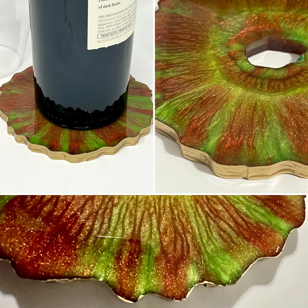 PamelaJonson4's tweet photo. Copper Gold and Green Wine Bottle Dish with  metallic copper mica powder, metallic copper tint, light green tint and gold gilded edges.
https://t.co/kDhOm1IXPE #copper #winedisplay #winedish 
#wineplate #winecoasters #winebottlecoaster #winebottledisplay #winelover #winetime https://t.co/G53tWWZ7Iq