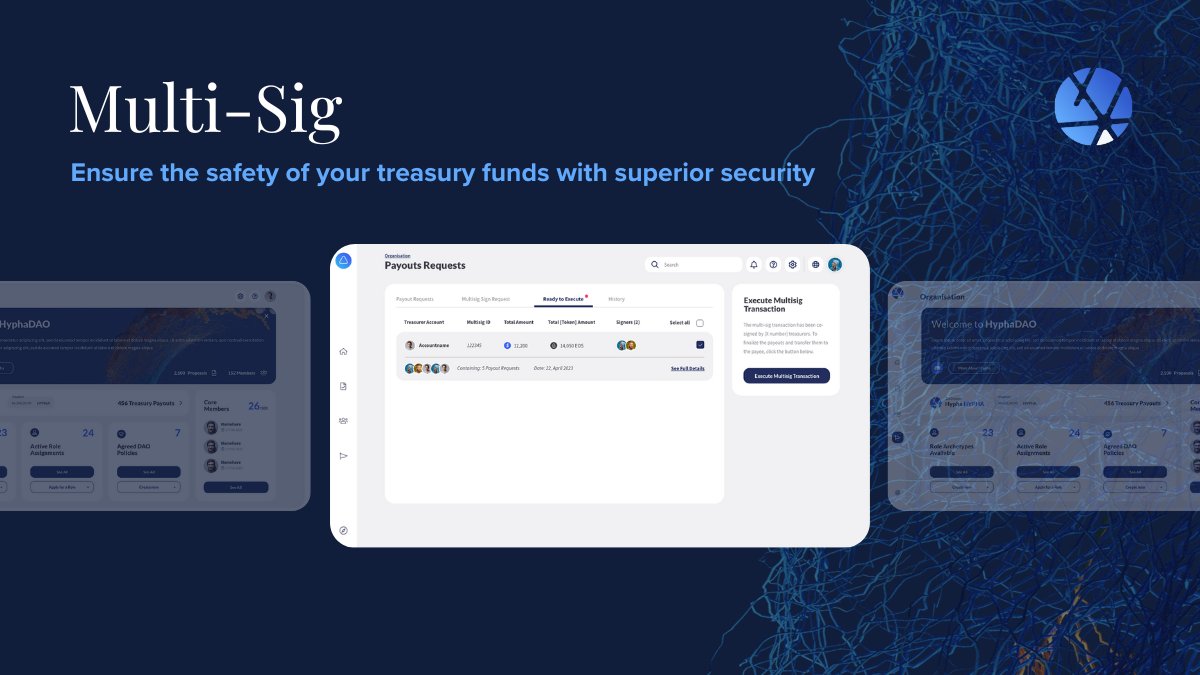 🗝️ Hypha Features Spotlight: Multi-Sig 🗝️ Protect your team's collective treasury funds by requiring multiple signatures before executing transactions, effortlessly enabled by Hypha's Multi-Sig feature. Learn more: buff.ly/3sddVdn Create a DAO: buff.ly/3MgSFtO