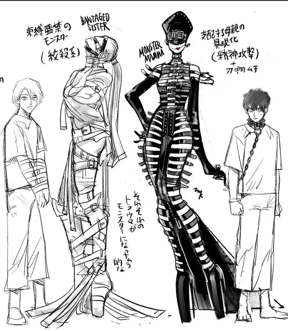 昔描いたイラスト、うん、ボンデージ大好き!最高!が前面に出てる。こういうファッション無限に考えたい。 