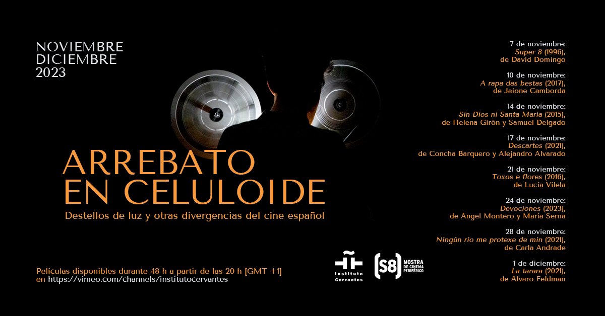 ICBordeaux's tweet photo. #ArrebatoEnCeluloide: 8⃣ cortos de vanguardia que ofrecen un recorrido ecléctico por distintas expresiones que el formato tradicional super-8 ha tomado en 🇪🇸en los últimos años. Martes y viernes a las 20h durante 48 h en nuestro canal VIMEO https://t.co/HzgPAL1P26
@InstCervantes https://t.co/71kffhoK43