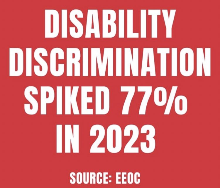 Every individual has the right to opportunities yet recent data from the Equal Employment Opportunity Commission (EEOC) shows a concerning rise in #DisabilityDiscrimination.

Why do you think disability discrimination spiked to 77% in 2023? 
#DisabilityInclusion