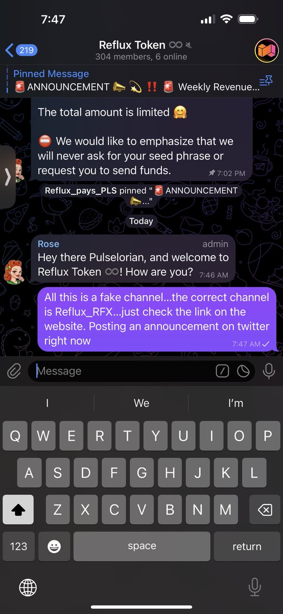 ThePulseLorian's tweet photo. ATTENTION Guild,
We just found out there was a fake $RFX $Reflux telegram channel created to take advantage of our Guild. Make sure to only use correct channel which is posted on the website. “Reflux_RFX” TG channel. Please be safe and double check if you are joining the right channel.
Thank you!