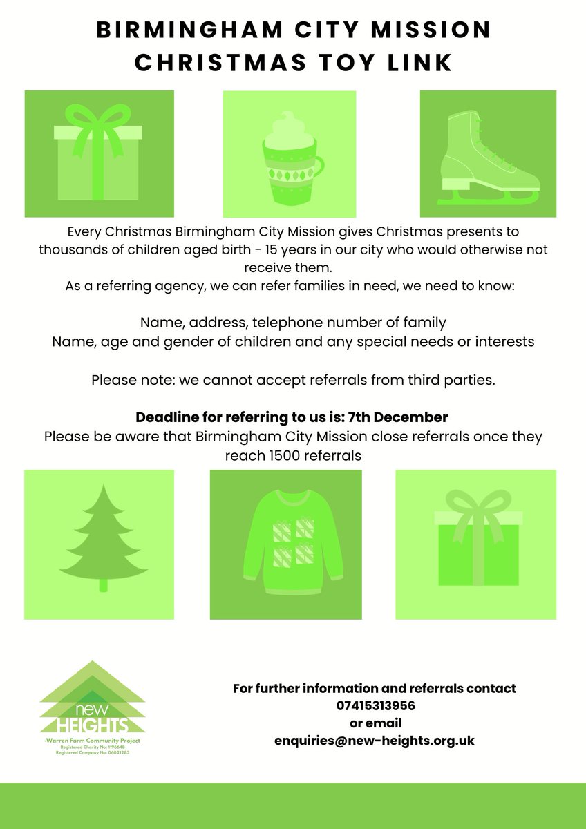 New_Heights_UK's tweet image. Contact Maisie on 07415313956 or email enquiries@new-heights.org.uk to refer yourself or others for the Birmingham City Mission Christmas Toy Link 📷