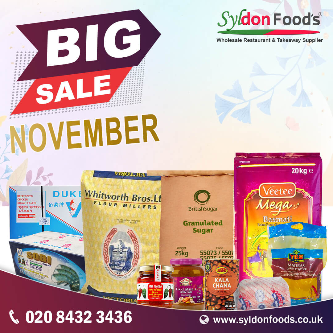 Introducing our 'Big Sale November' at Syldon Foods Ltd. Get ready to stock up on the finest ingredients for your restaurant and elevate your culinary creations to the next level.

Contact:
☎️ +44 20 8432 3436
--
#novembersale #basmatirice #specialoffer #indiancusine #syldonfoods