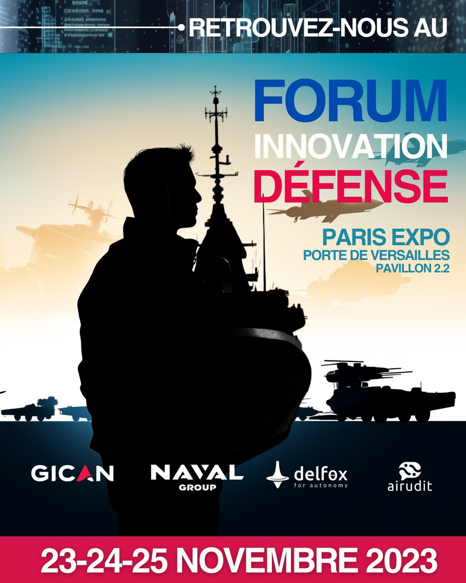 ➡ AIRUDIT AU FORUM INNOVATION DEFENSE 2023

🚢 <a href="/airudit/">AIRUDIT</a> sera présent avec son client <a href="/navalgroup/">Naval Group</a> sur le stand du <a href="/Gican_InduNav/">GICAN</a> avec nos amis de <a href="/delfox_net/">delfox</a> afin de présenter les avantages technologiques et capacitaires de notre assistant virtuel intelligent. 🤖