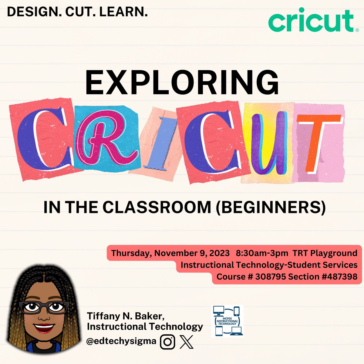 THIS THURSDAY!!! 
Join me and learn how to integrate the use of Cricut and Design Space into your curriculum. It’s going to be a full day workshop and I have several activities that you can take back with you to implement quickly. Let’s ⬆️ student engagement!! @mcpssinstrtech
