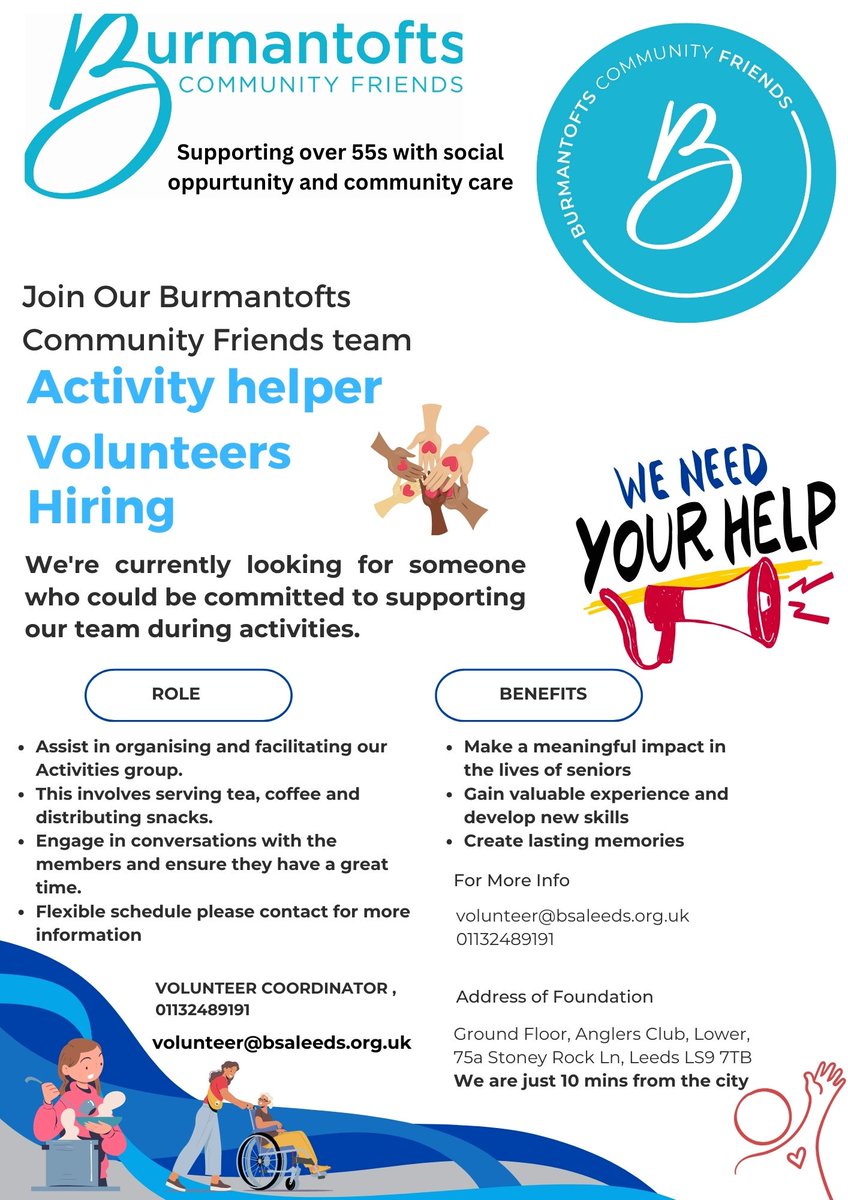 We're looking for volunteers to assist in our group activities here at Burmantofts Community Friends. If you have some spare time, and would like to volunteer with us, please call us on 01132489191, or email our wonderful Volunteer Coordinator Devi volunteer@bsaleeds.org.uk